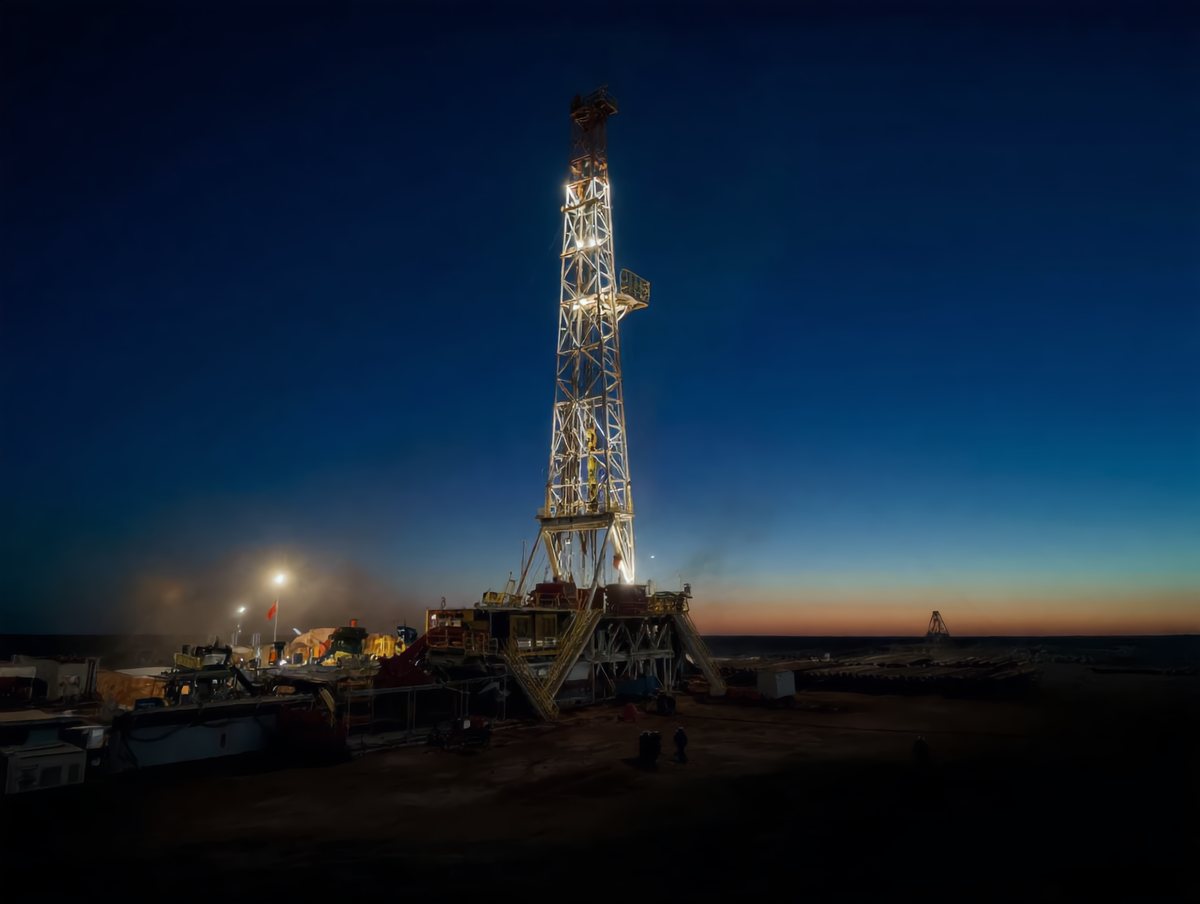 Drilling rig at blue hour in the Libyan desert